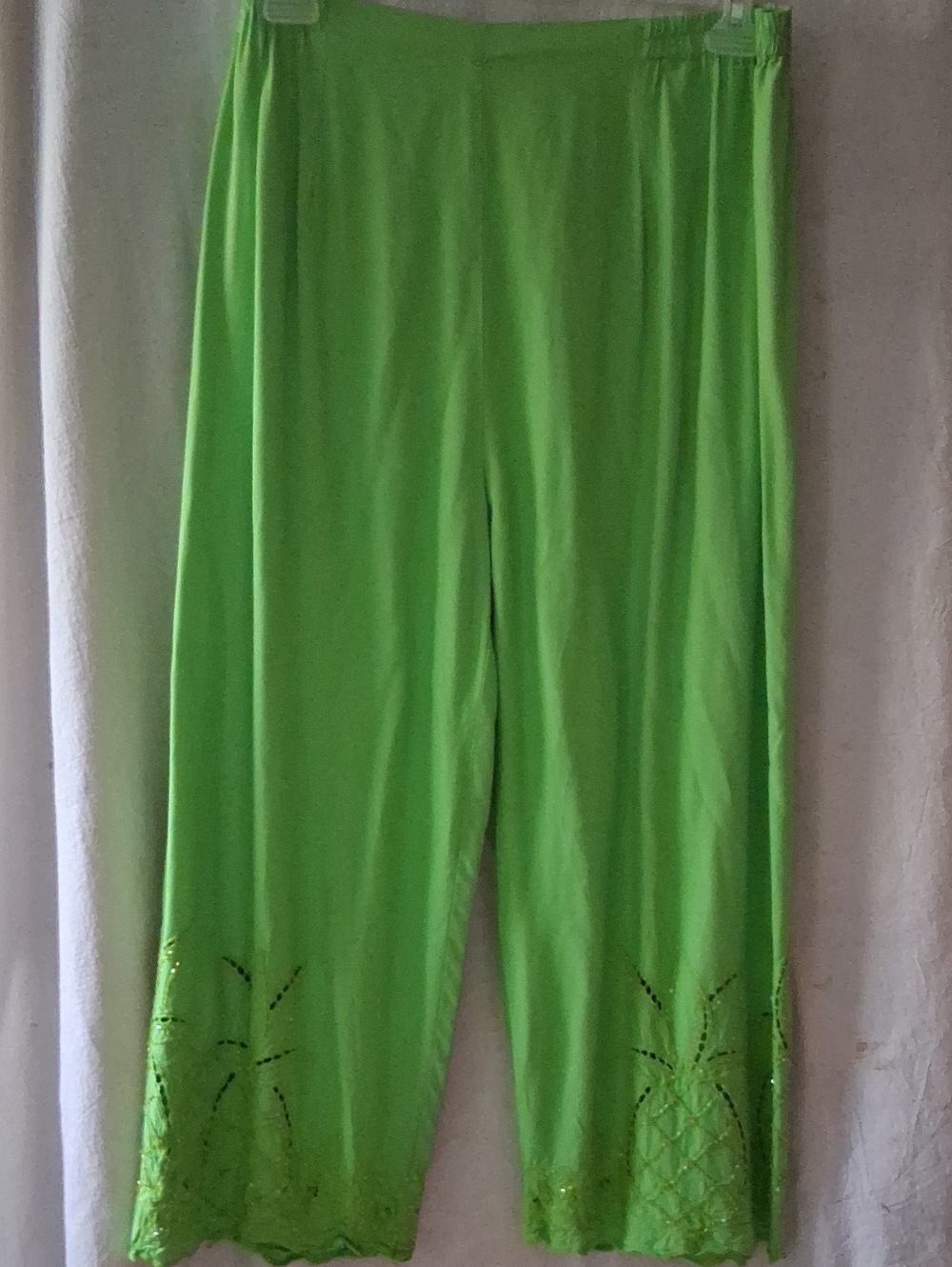 Vanity Neon Green Wide-Leg Pants with Embroidered Pineapple Hem